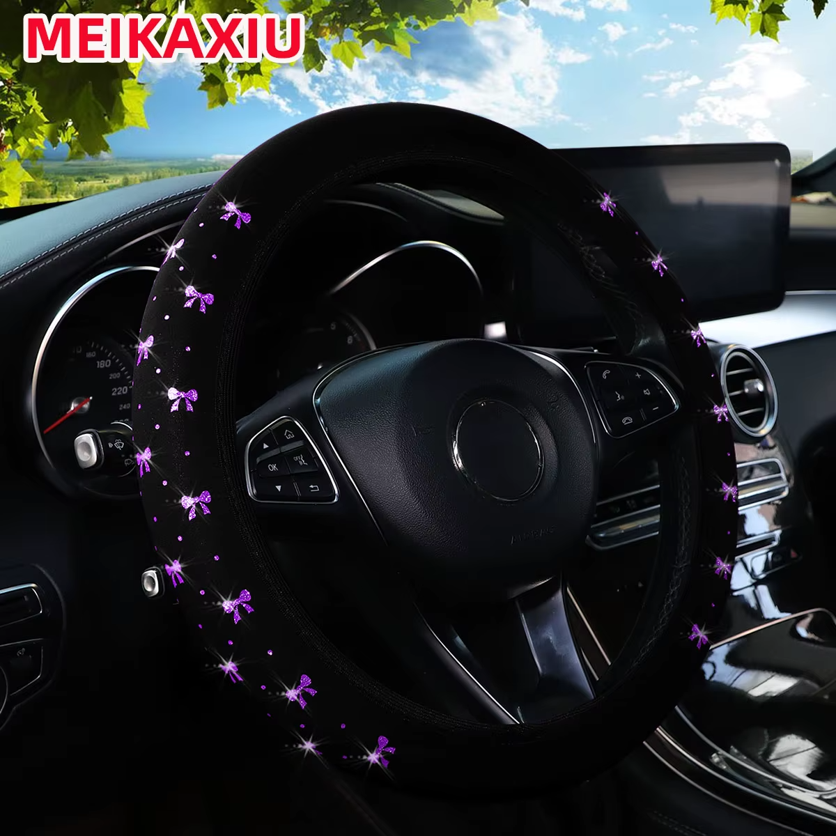 Glitter Bow Elastic Steering Wheel Cover – Bling Fabric Fit 14.5–15 inch Hubless