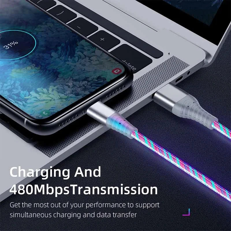 Flow luminous USB Type-C cable with LED light and 3A fast charging for quick power and smooth data transfer. Compatible with Samsung, Xiaomi, iPhone, Huawei, and more. ⚡📱✨