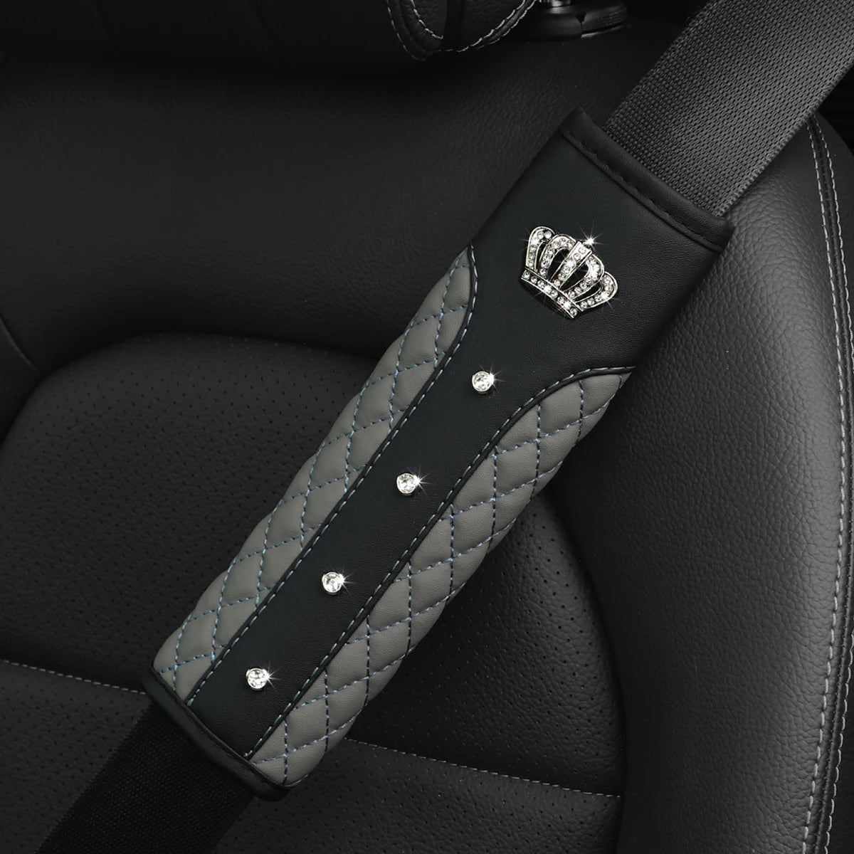 3D Diamond Crown Seat Belt Shoulder Guard – Luxury Leather Car Interior Accessory