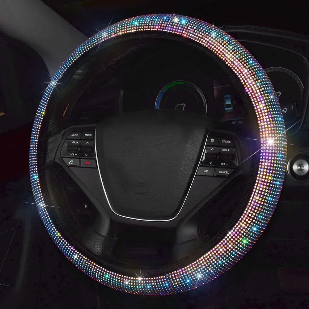 Universal 38cm Crystal Rhinestone Steering Wheel Cover – Breathable Anti-Slip Bling Design for Women
