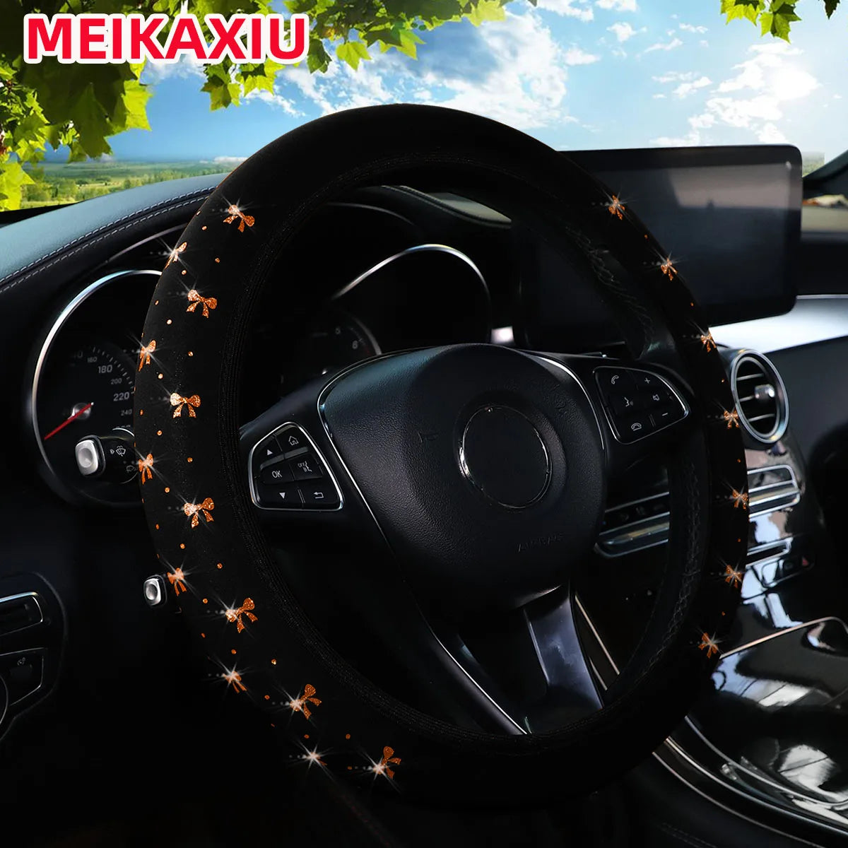 Glitter Bow Elastic Steering Wheel Cover – Bling Fabric Fit 14.5–15 inch Hubless