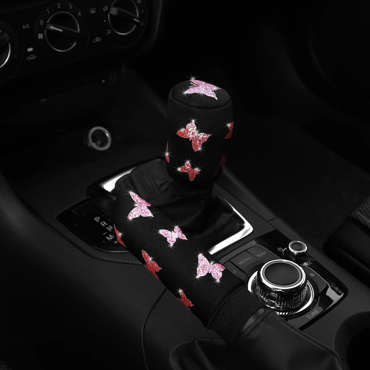 2-piece butterfly bling handbrake & gear shift cover set that adds a sparkling, stylish touch to your car interior. Soft fabric design with easy fit for a chic upgrade. 🚗🦋✨