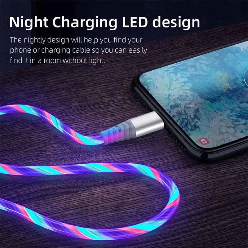 Flow luminous USB Type-C cable with LED light and 3A fast charging for quick power and smooth data transfer. Compatible with Samsung, Xiaomi, iPhone, Huawei, and more. ⚡📱✨