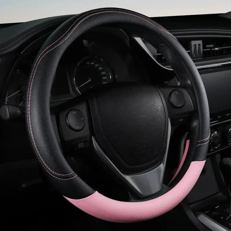 Universal PU Leather Steering Wheel Cover – Anti-Slip Black & Pink All-Season Design