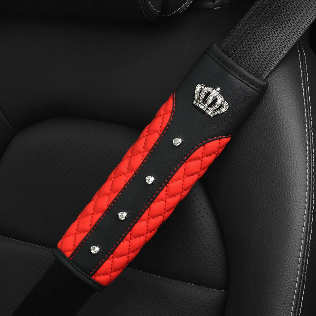 3D Diamond Crown Seat Belt Shoulder Guard – Luxury Leather Car Interior Accessory