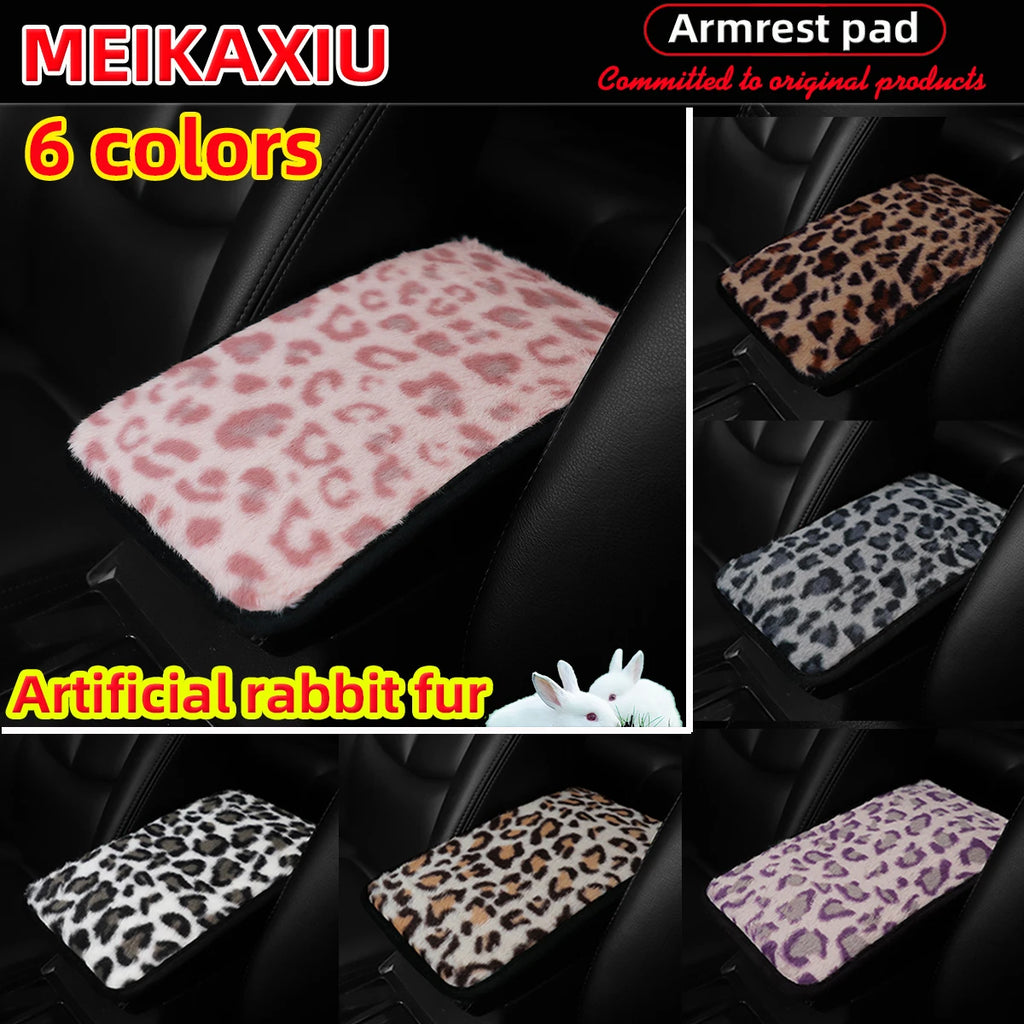 Soft Leopard Plush Armrest Cover – Anti-Slip Car Interior Decor (32×19 cm)