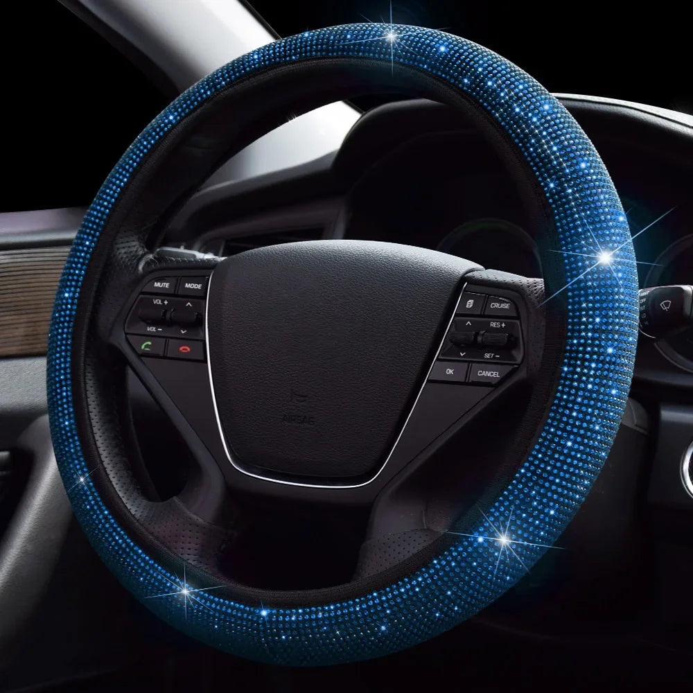 Universal 38cm Crystal Rhinestone Steering Wheel Cover – Breathable Anti-Slip Bling Design for Women