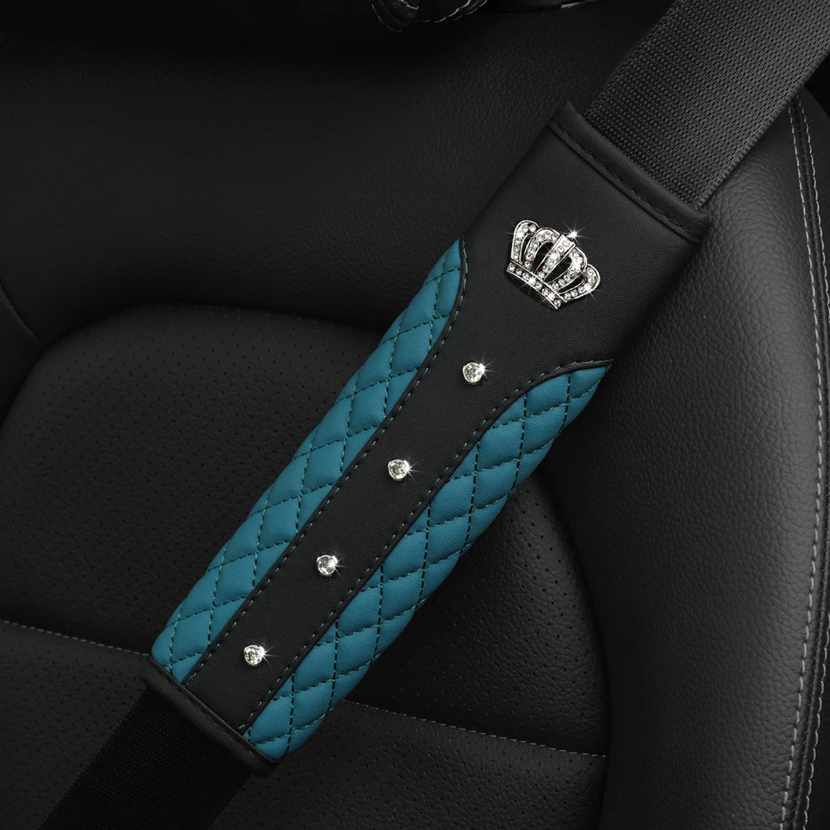 3D Diamond Crown Seat Belt Shoulder Guard – Luxury Leather Car Interior Accessory
