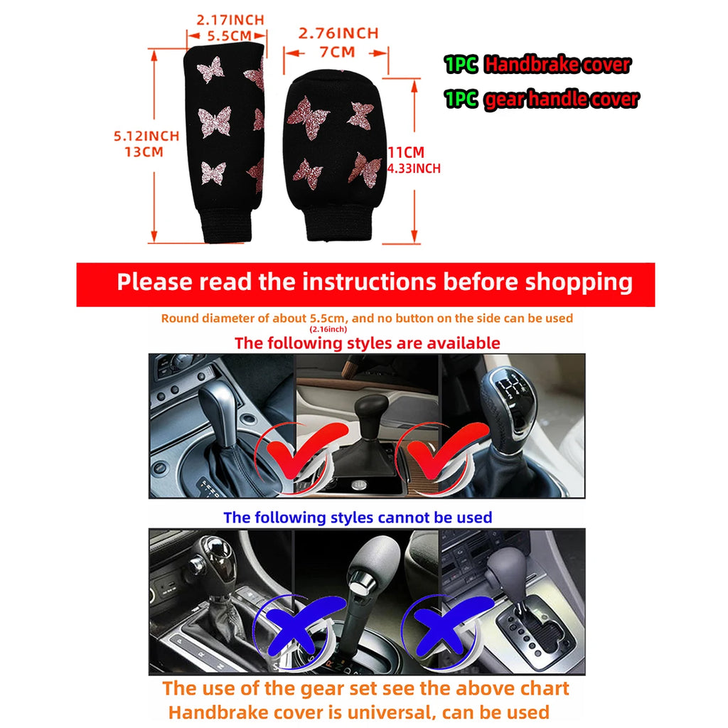 2-piece butterfly bling handbrake & gear shift cover set that adds a sparkling, stylish touch to your car interior. Soft fabric design with easy fit for a chic upgrade. 🚗🦋✨