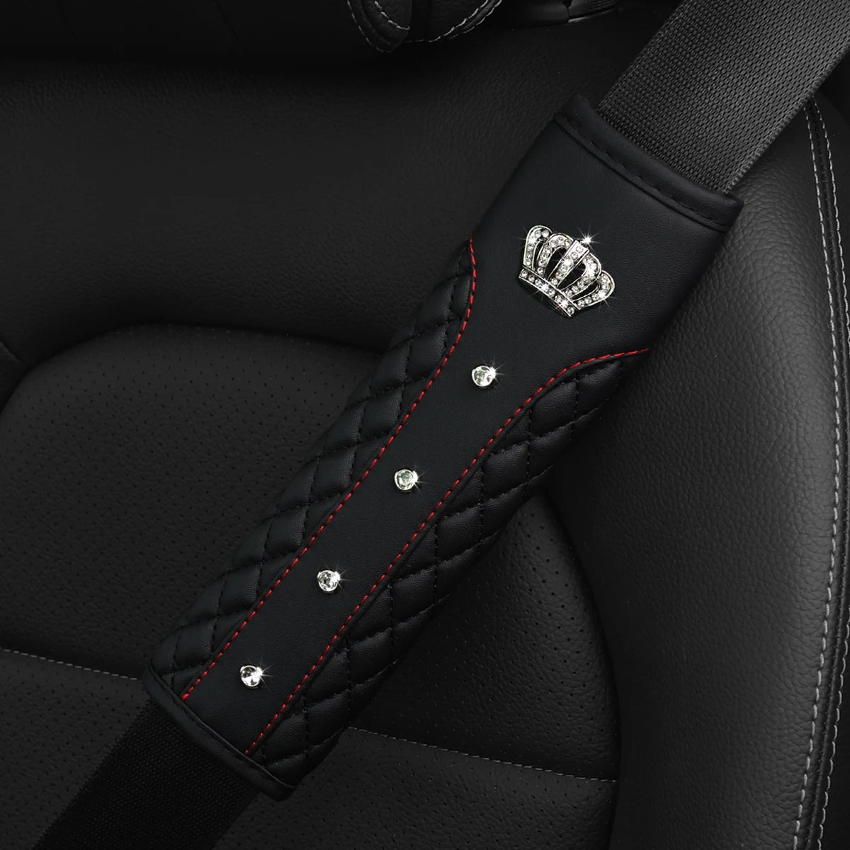 3D Diamond Crown Seat Belt Shoulder Guard – Luxury Leather Car Interior Accessory