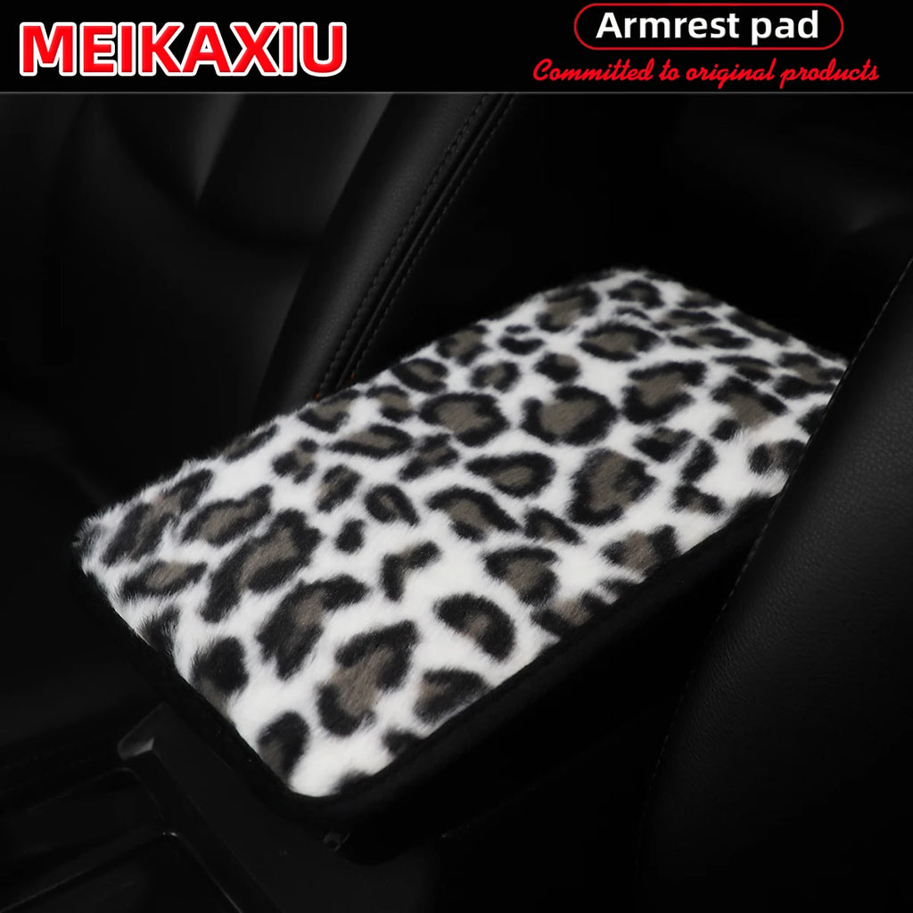 Soft Leopard Plush Armrest Cover – Anti-Slip Car Interior Decor (32×19 cm)