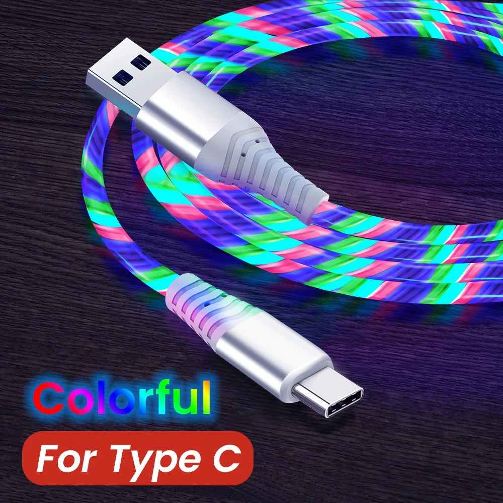 Flow luminous USB Type-C cable with LED light and 3A fast charging for quick power and smooth data transfer. Compatible with Samsung, Xiaomi, iPhone, Huawei, and more. ⚡📱✨