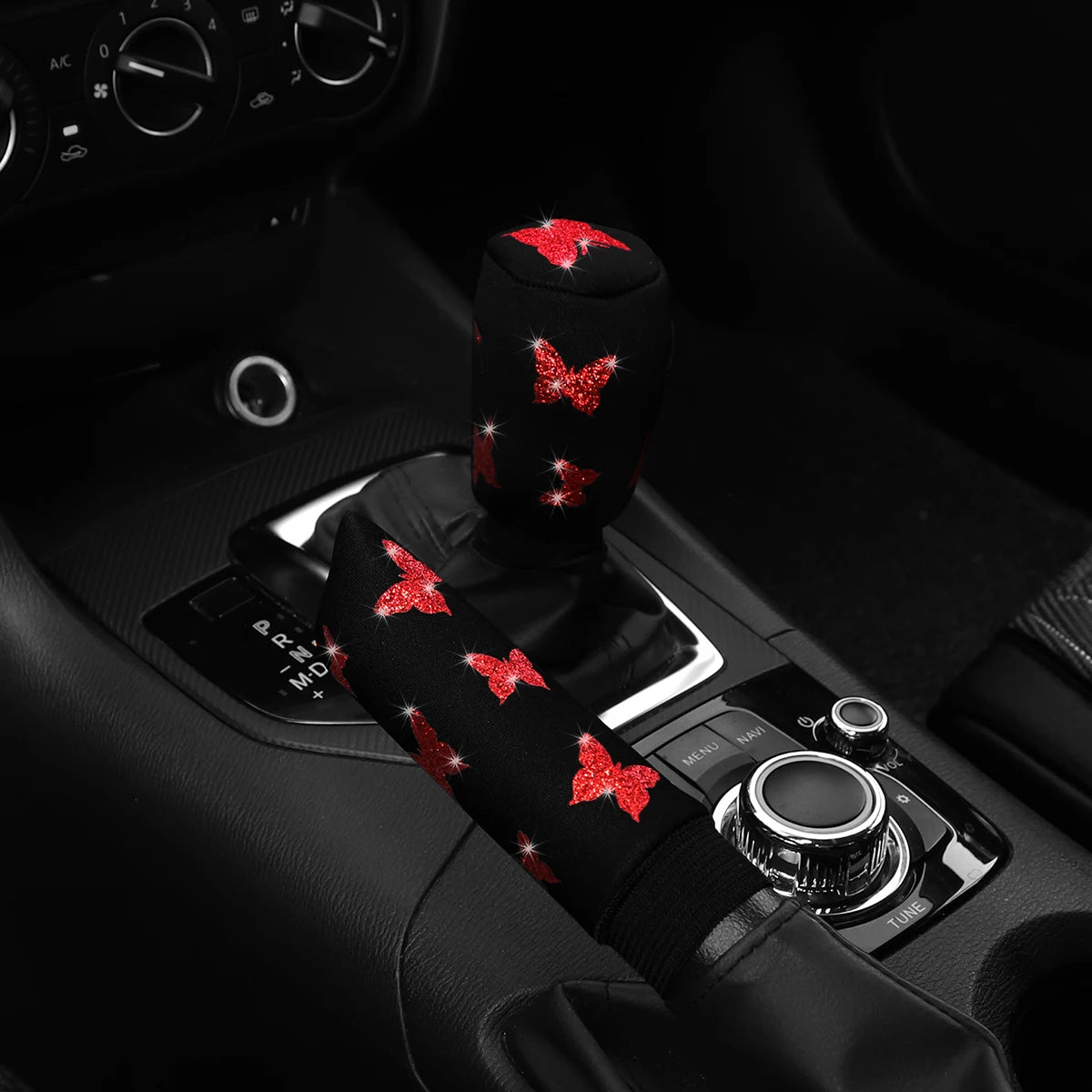 2-piece butterfly bling handbrake & gear shift cover set that adds a sparkling, stylish touch to your car interior. Soft fabric design with easy fit for a chic upgrade. 🚗🦋✨