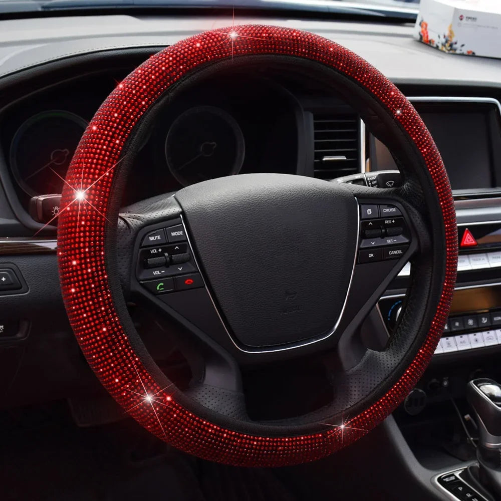 Universal 38cm Crystal Rhinestone Steering Wheel Cover – Breathable Anti-Slip Bling Design for Women
