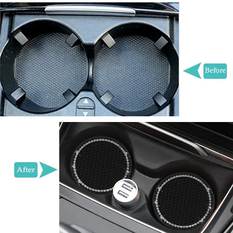 Bling Rhinestone Car Cup Holder Mats (2pcs) – Stylish Anti-Slip & Heat Resistant Interior Accessory