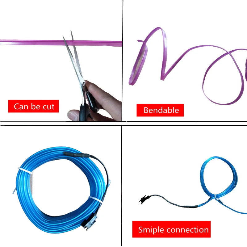 Flexible EL Wire LED Neon Strip – Car Interior Ambient DIY Light (USB, 1M–5M)