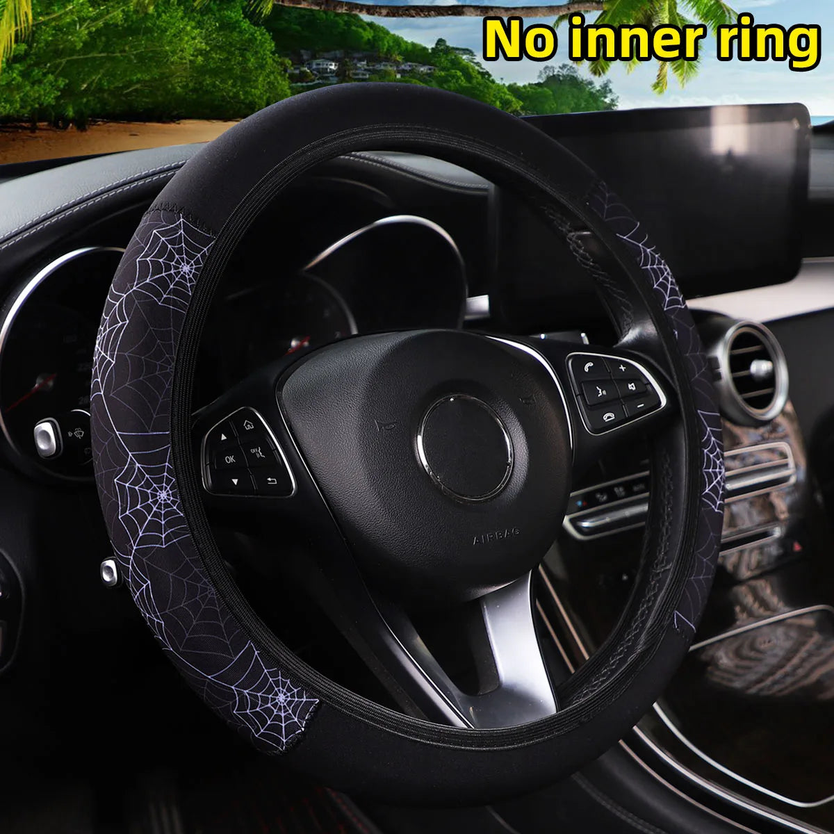 Stylish 38CM steering wheel cover with cherry blossom, chrysanthemum, and spider web print for a bold feminine touch. Soft grip, easy fit without inner ring, and perfect for upgrading your car interior. 🚗🌸✨