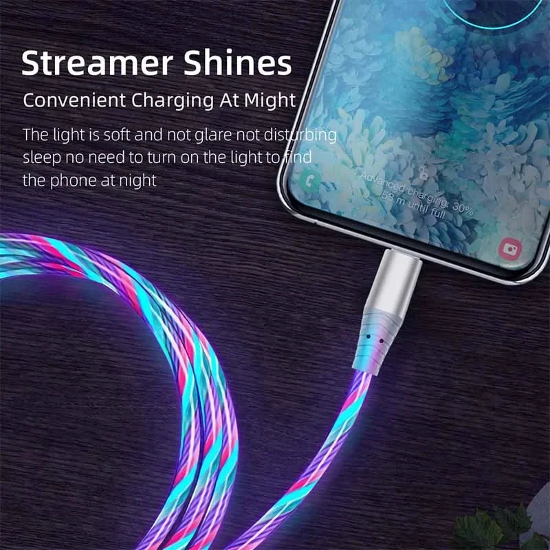 Flow luminous USB Type-C cable with LED light and 3A fast charging for quick power and smooth data transfer. Compatible with Samsung, Xiaomi, iPhone, Huawei, and more. ⚡📱✨