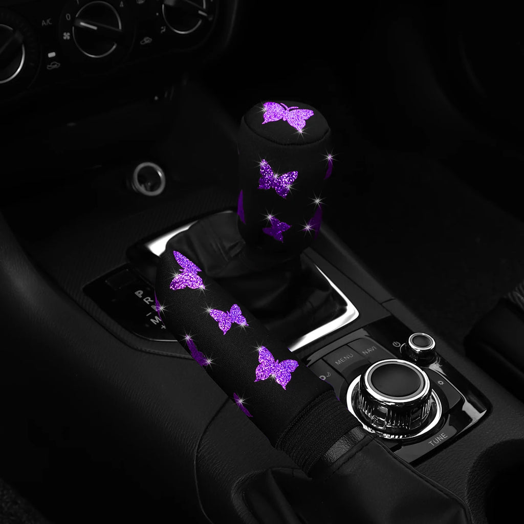 2-piece butterfly bling handbrake & gear shift cover set that adds a sparkling, stylish touch to your car interior. Soft fabric design with easy fit for a chic upgrade. 🚗🦋✨