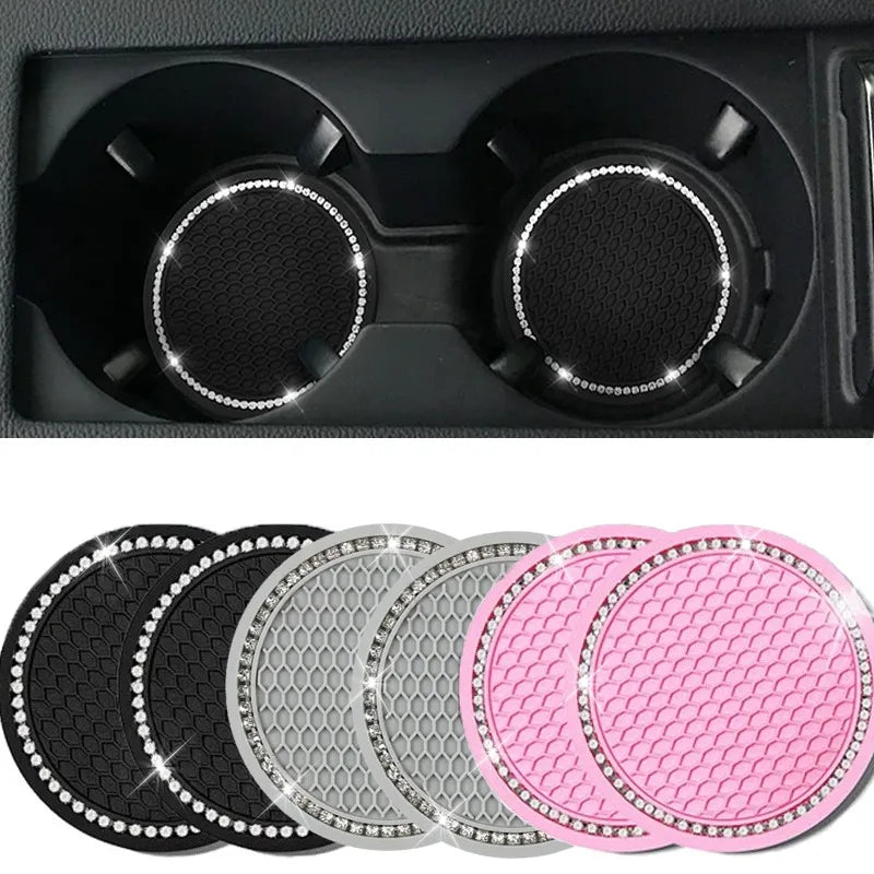 Bling Rhinestone Car Cup Holder Mats (2pcs) – Stylish Anti-Slip & Heat Resistant Interior Accessory
