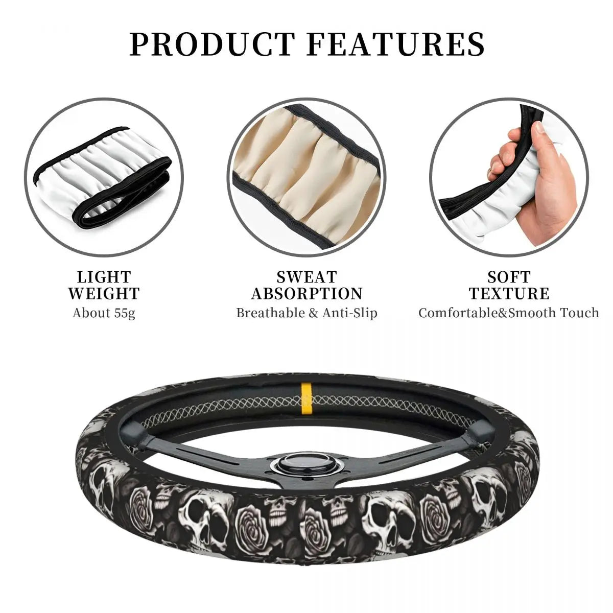Universal Skull Steering Wheel Cover – Anti-Slip Grip Protector (Hubless Design)