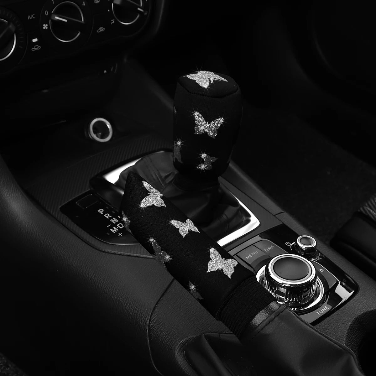 2-piece butterfly bling handbrake & gear shift cover set that adds a sparkling, stylish touch to your car interior. Soft fabric design with easy fit for a chic upgrade. 🚗🦋✨