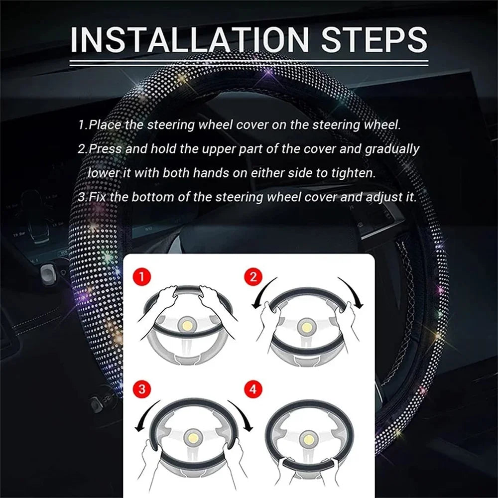 Universal 38cm Crystal Rhinestone Steering Wheel Cover – Breathable Anti-Slip Bling Design for Women