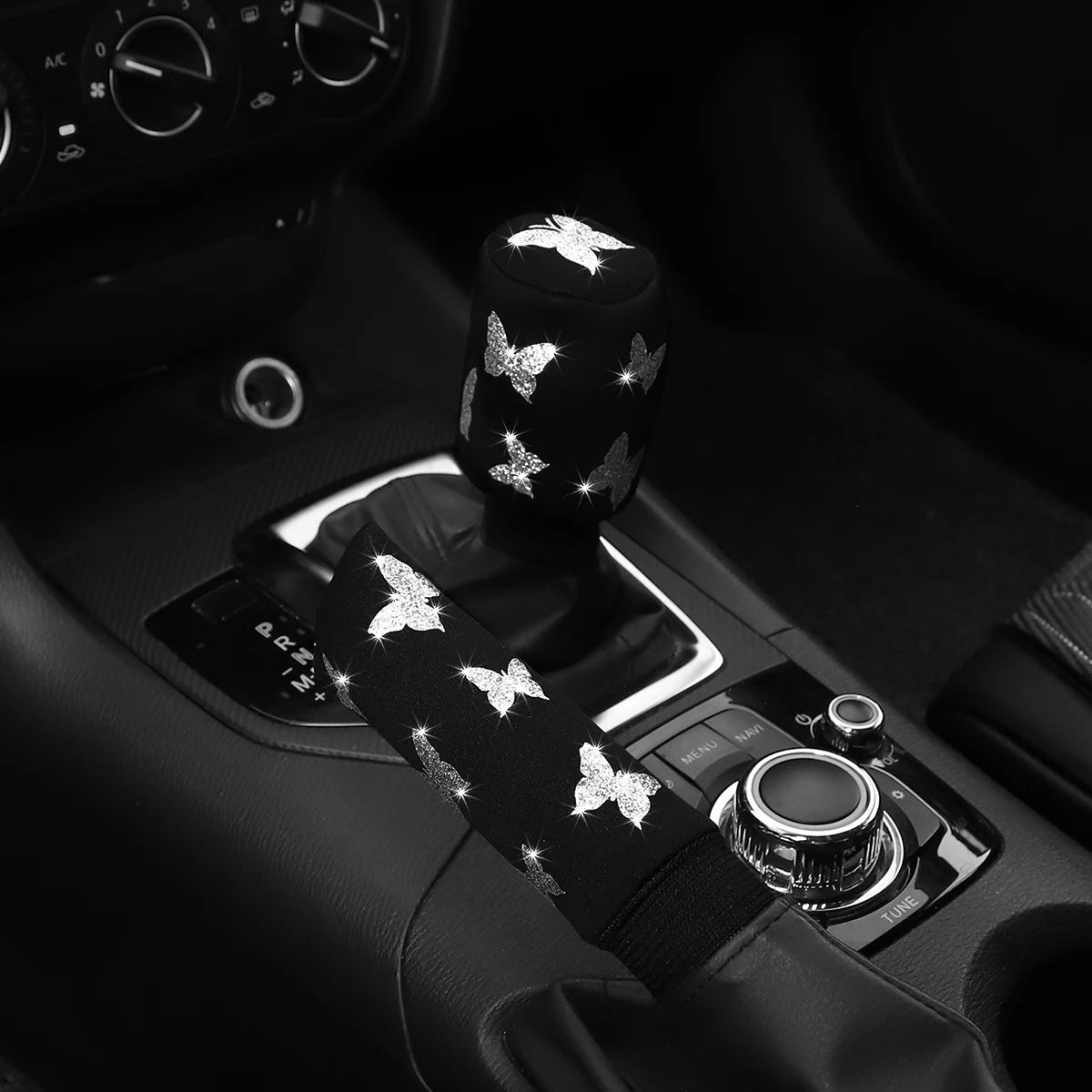 2-piece butterfly bling handbrake & gear shift cover set that adds a sparkling, stylish touch to your car interior. Soft fabric design with easy fit for a chic upgrade. 🚗🦋✨