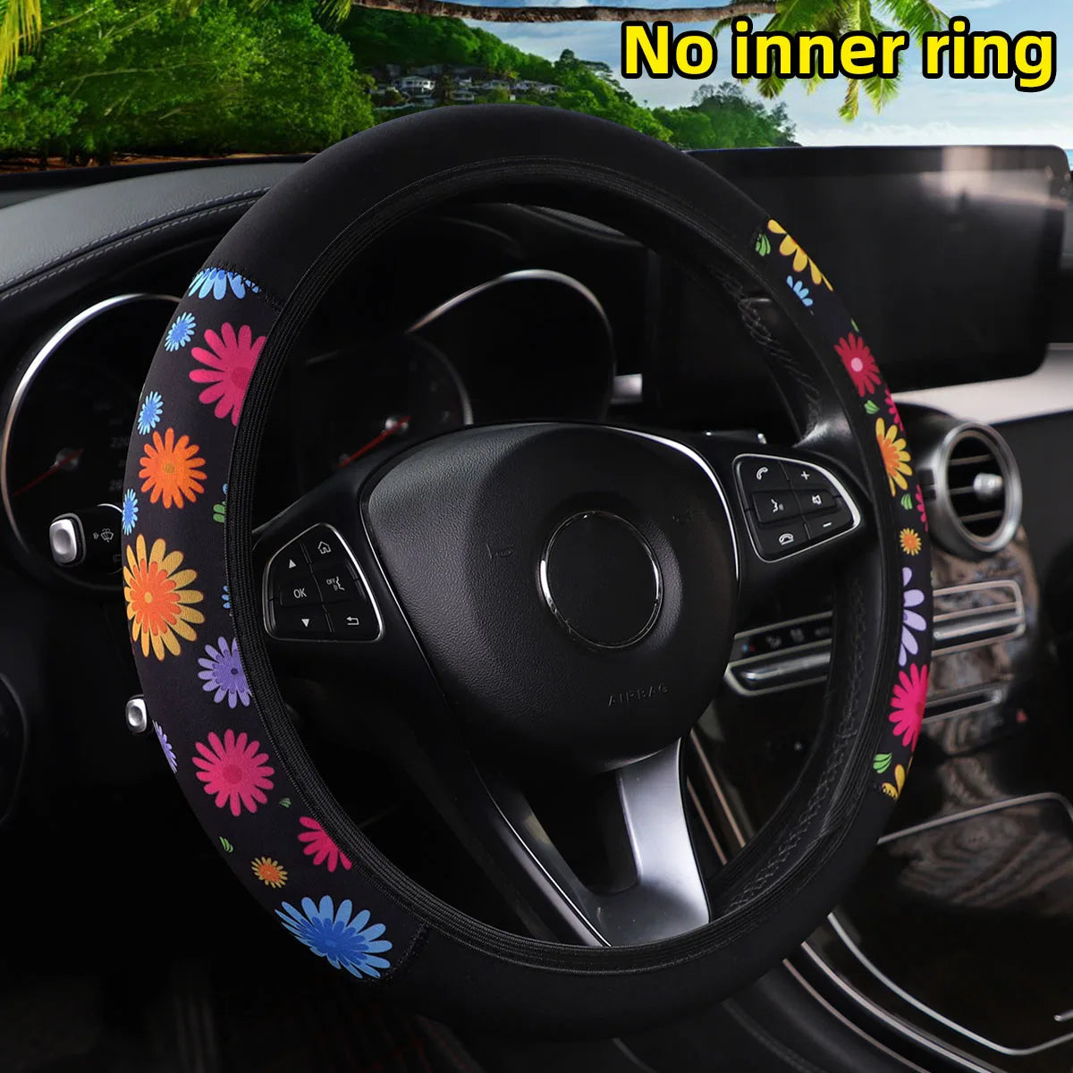 Stylish 38CM steering wheel cover with cherry blossom, chrysanthemum, and spider web print for a bold feminine touch. Soft grip, easy fit without inner ring, and perfect for upgrading your car interior. 🚗🌸✨