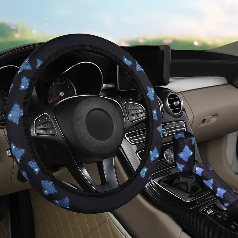 3-piece butterfly steering wheel cover set that adds a stylish and elegant touch to your car interior. Includes matching covers for steering wheel, handbrake, and gear shift for a coordinated look. 🚗🦋✨