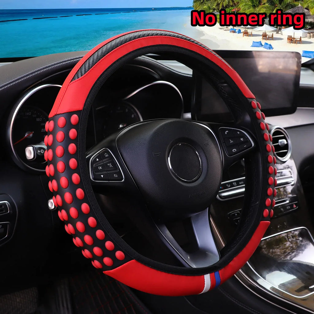 Carbon silicone massage steering wheel cover with textured grip for better control and comfort while driving. Durable, stylish, and designed to fit 14.5–15 inch wheels without an inner ring. 🚗✨