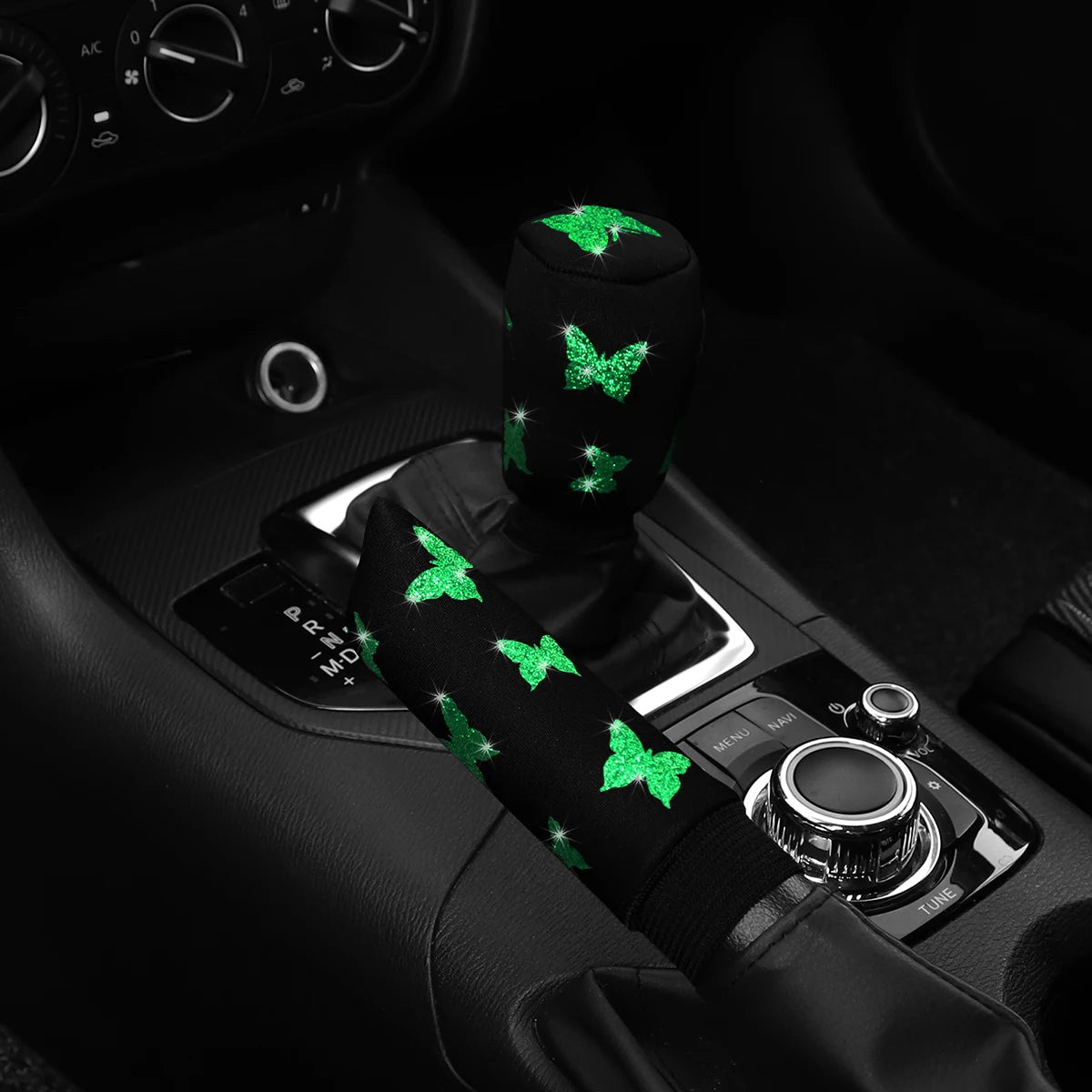2-piece butterfly bling handbrake & gear shift cover set that adds a sparkling, stylish touch to your car interior. Soft fabric design with easy fit for a chic upgrade. 🚗🦋✨