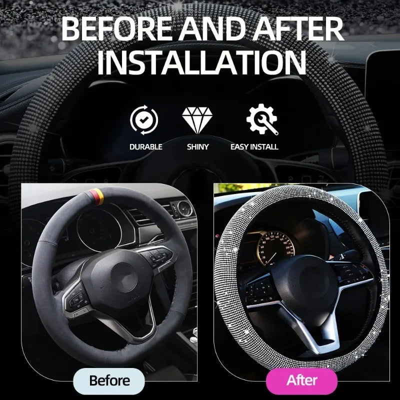 Anti-slip steering wheel cover that improves grip and driving comfort while adding a stylish touch to your car interior. Universal fit for 15 inch / 38cm wheels and easy to install. 🚗✨