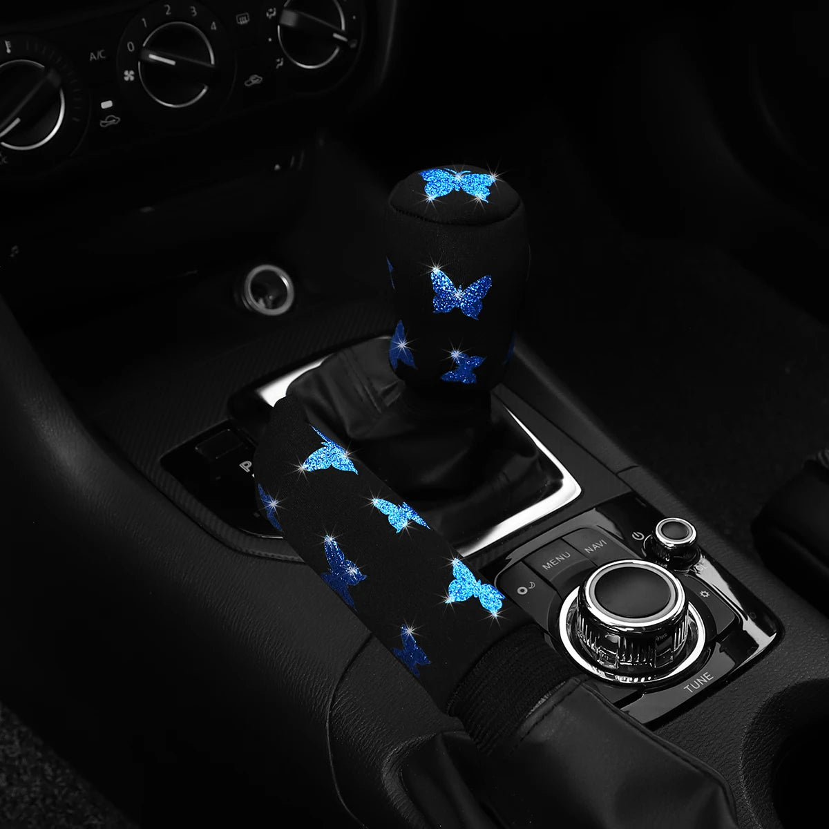 2-piece butterfly bling handbrake & gear shift cover set that adds a sparkling, stylish touch to your car interior. Soft fabric design with easy fit for a chic upgrade. 🚗🦋✨