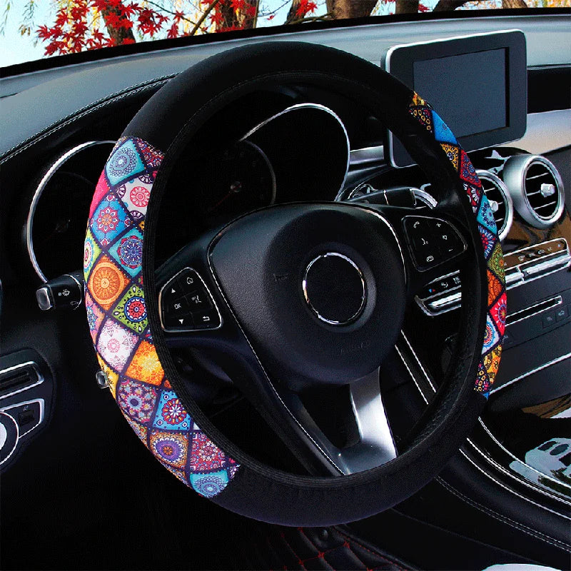 Stylish 38CM steering wheel cover with cherry blossom, chrysanthemum, and spider web print for a bold feminine touch. Soft grip, easy fit without inner ring, and perfect for upgrading your car interior. 🚗🌸✨