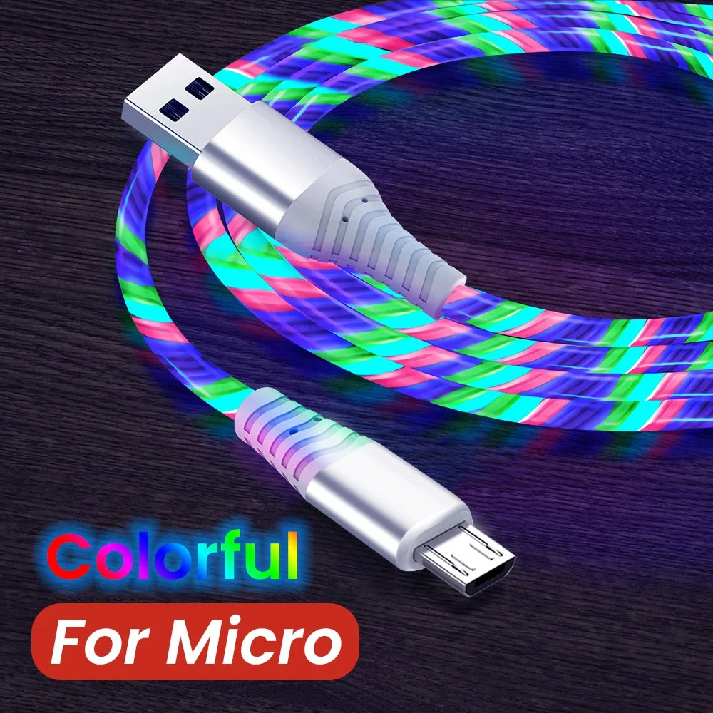 Flow luminous USB Type-C cable with LED light and 3A fast charging for quick power and smooth data transfer. Compatible with Samsung, Xiaomi, iPhone, Huawei, and more. ⚡📱✨