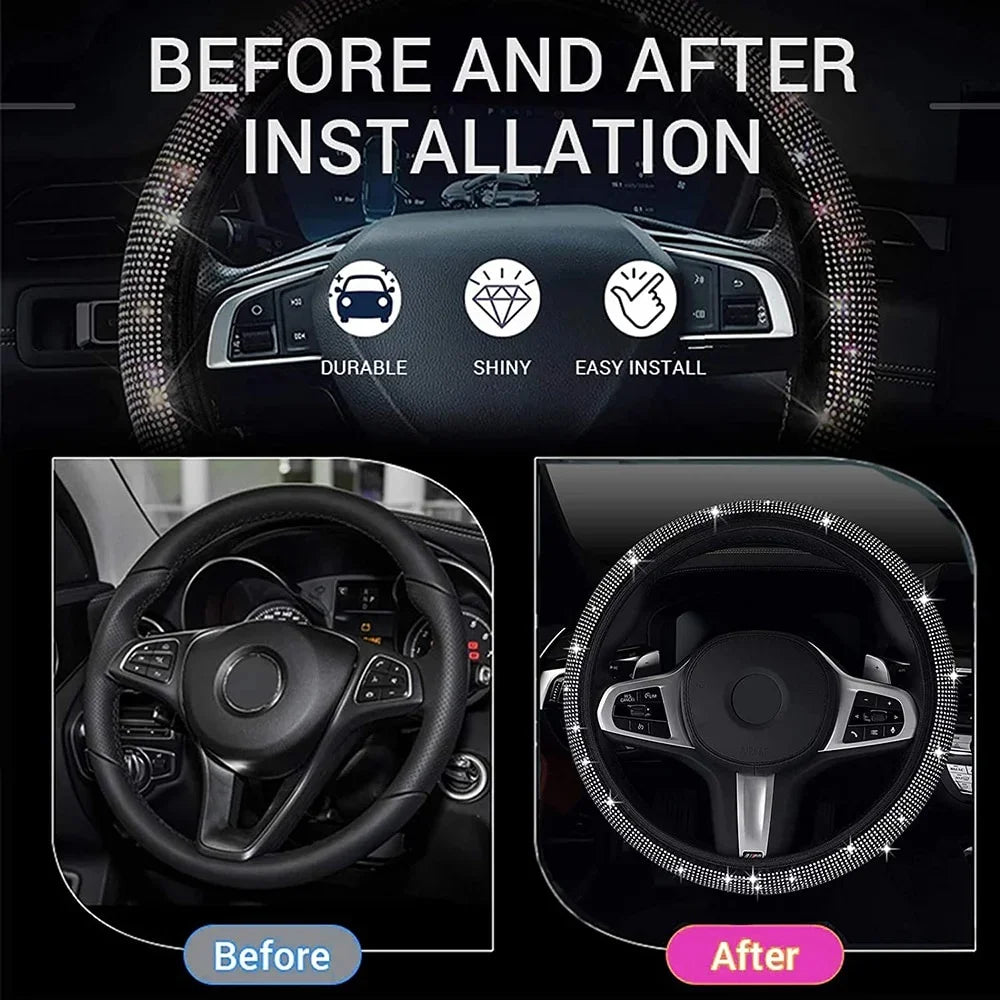 Universal 38cm Crystal Rhinestone Steering Wheel Cover – Breathable Anti-Slip Bling Design for Women