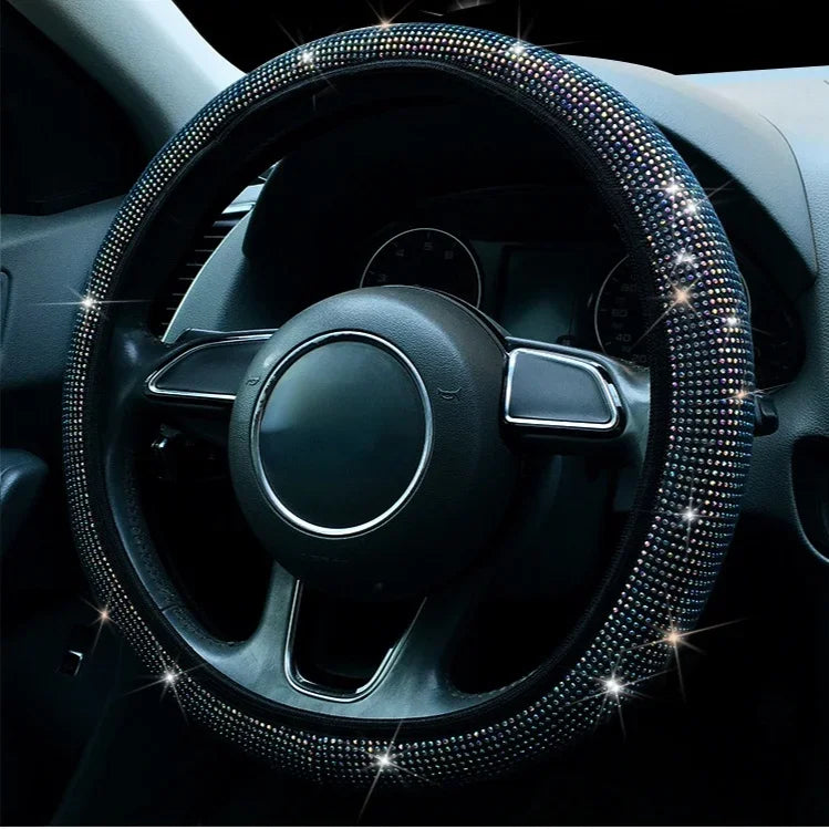 Universal 38cm Crystal Rhinestone Steering Wheel Cover – Breathable Anti-Slip Bling Design for Women