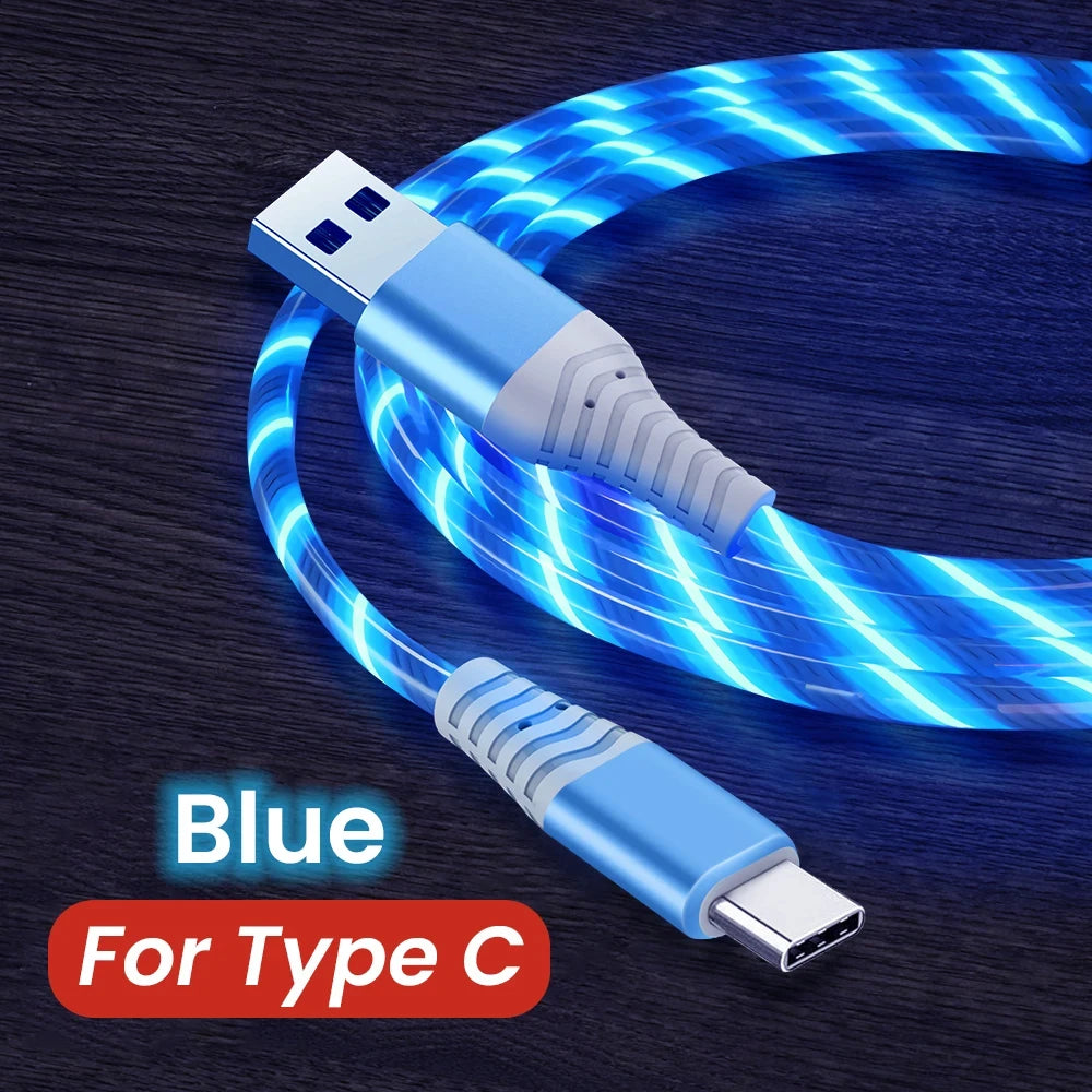 Flow luminous USB Type-C cable with LED light and 3A fast charging for quick power and smooth data transfer. Compatible with Samsung, Xiaomi, iPhone, Huawei, and more. ⚡📱✨