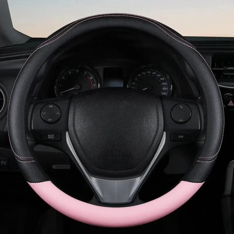 Universal PU Leather Steering Wheel Cover – Anti-Slip Black & Pink All-Season Design