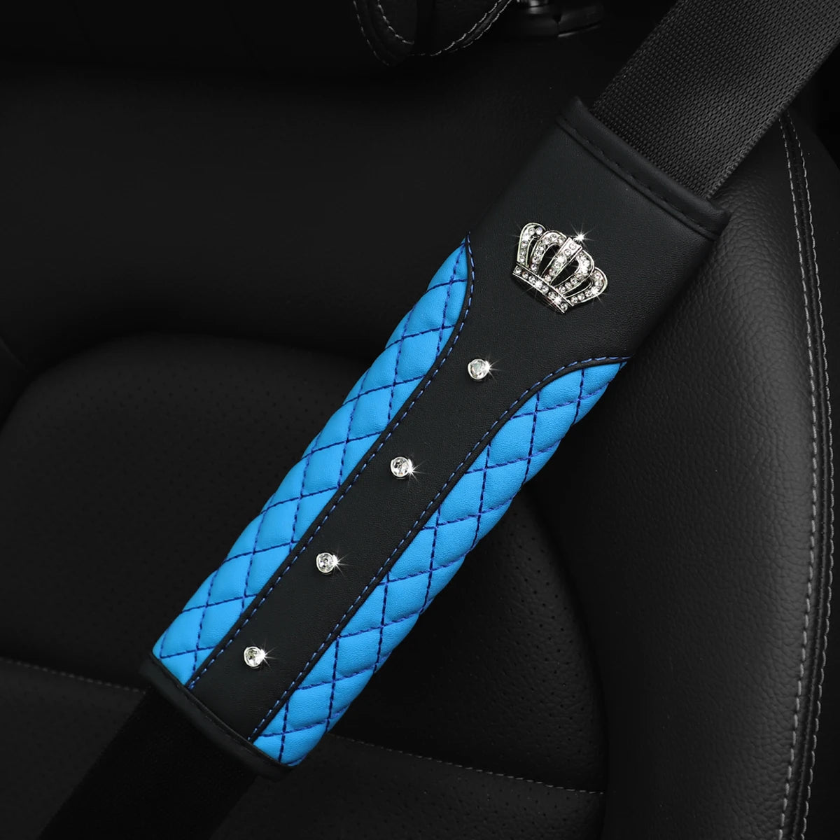 3D Diamond Crown Seat Belt Shoulder Guard – Luxury Leather Car Interior Accessory