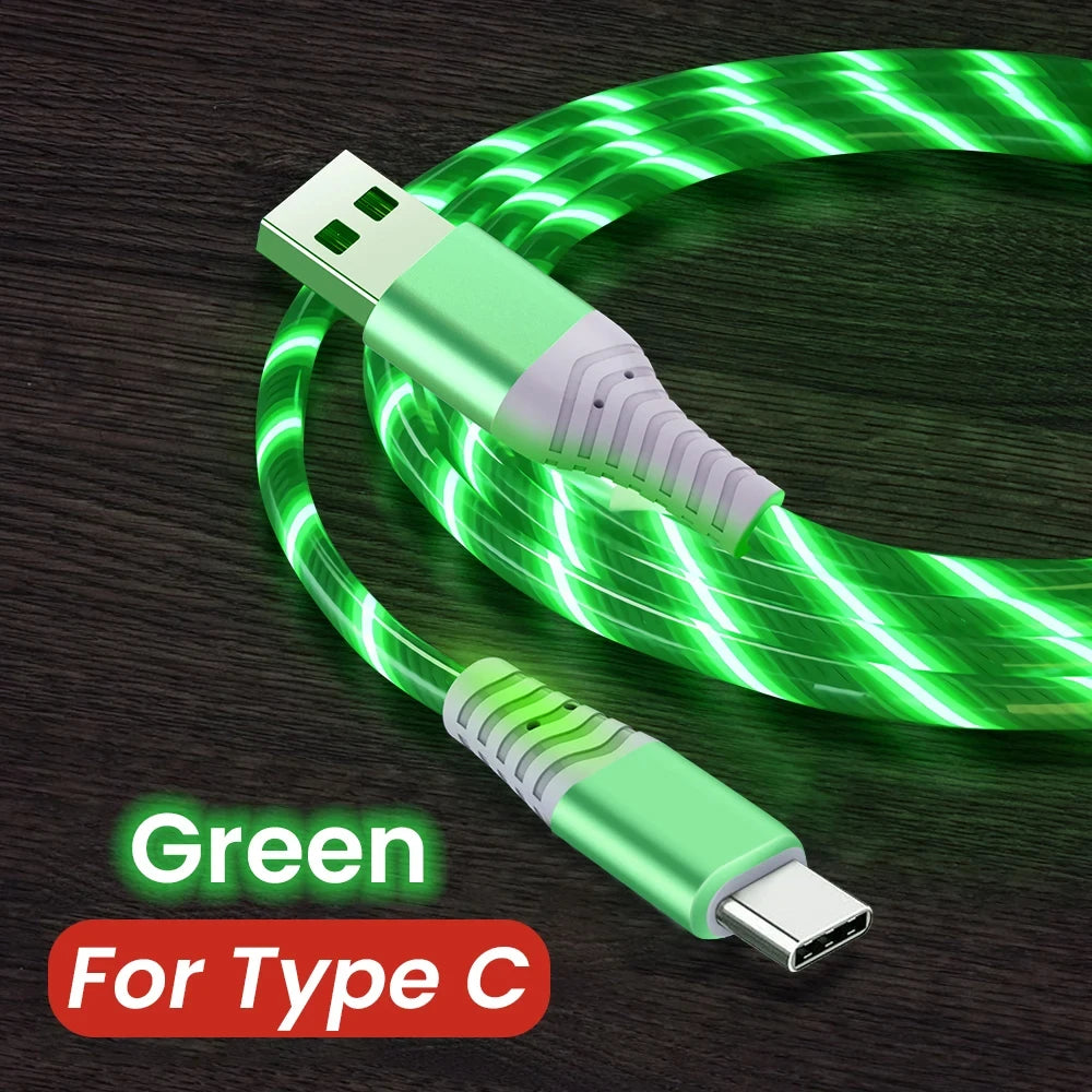 Flow luminous USB Type-C cable with LED light and 3A fast charging for quick power and smooth data transfer. Compatible with Samsung, Xiaomi, iPhone, Huawei, and more. ⚡📱✨