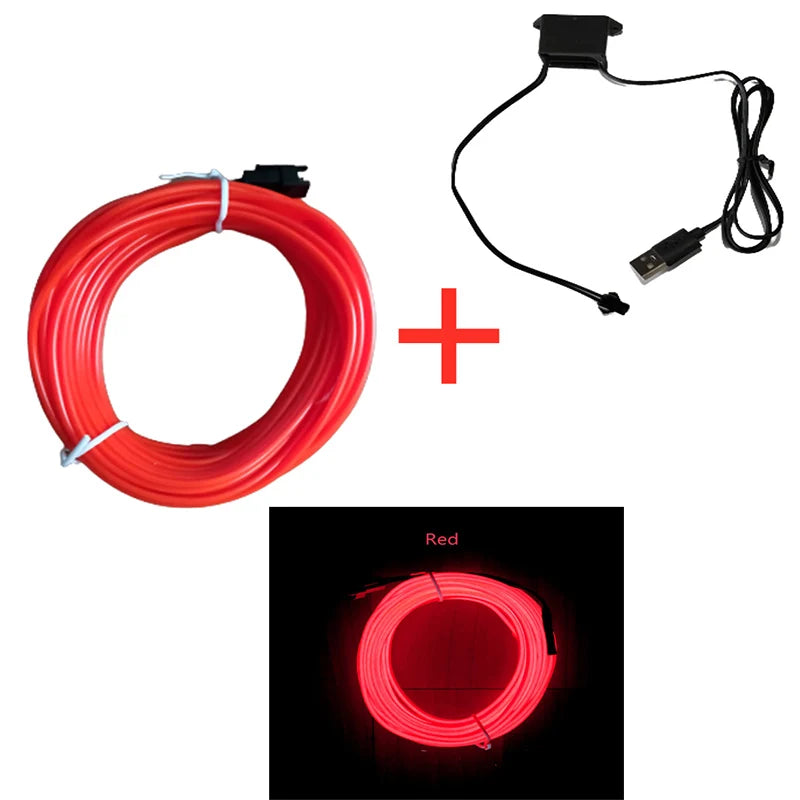 Flexible EL Wire LED Neon Strip – Car Interior Ambient DIY Light (USB, 1M–5M)