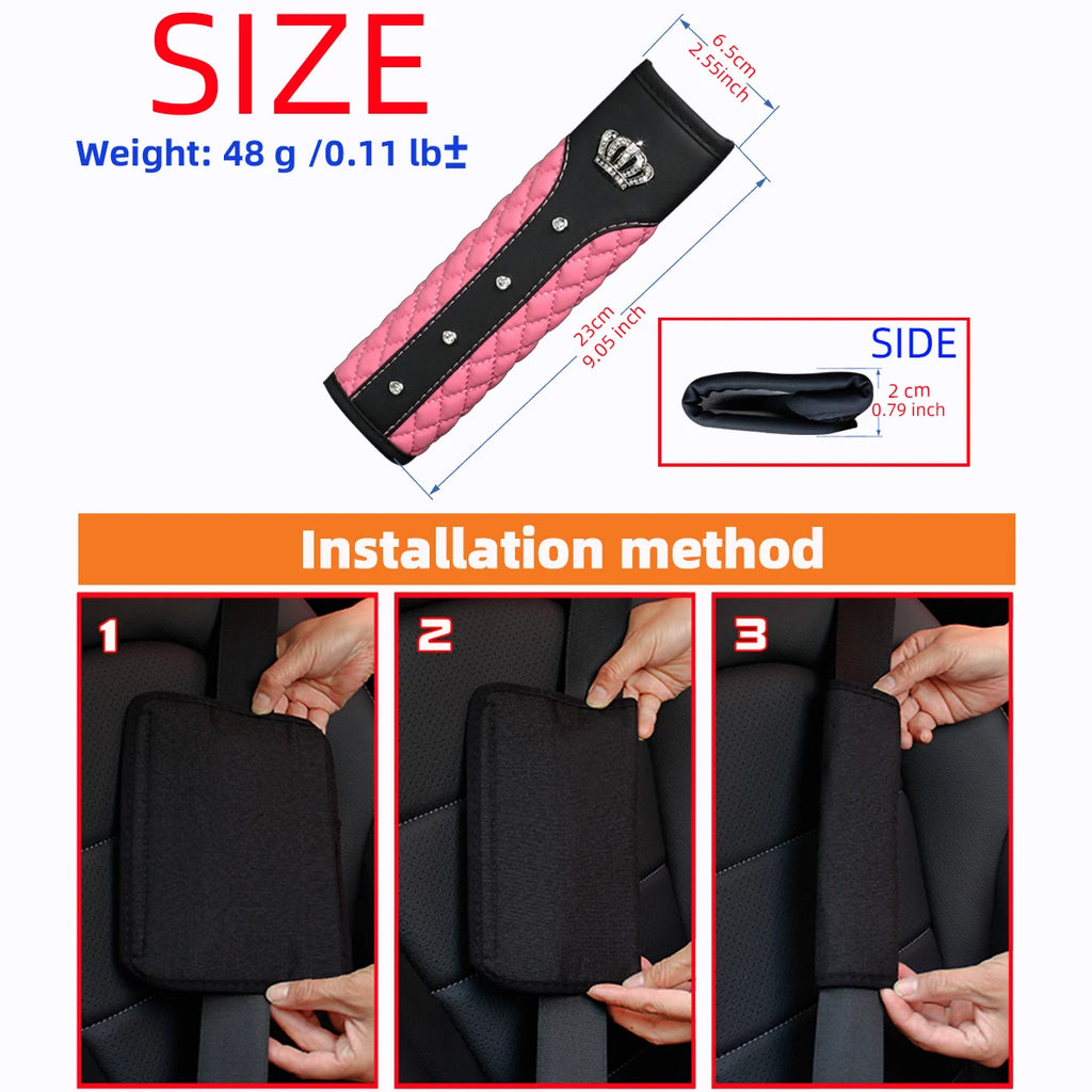3D Diamond Crown Seat Belt Shoulder Guard – Luxury Leather Car Interior Accessory