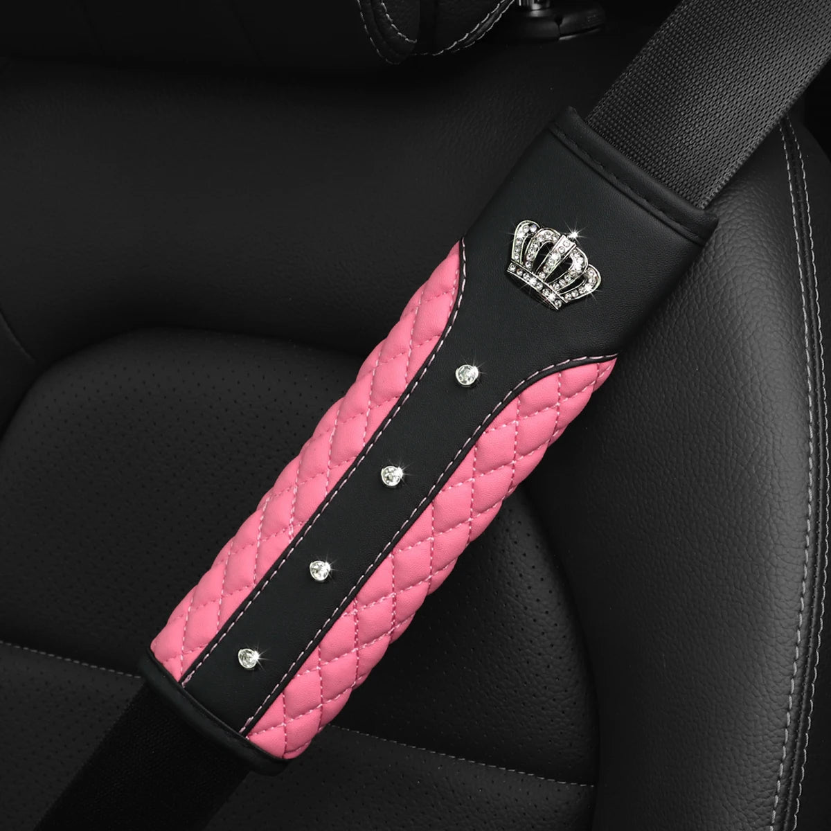 3D Diamond Crown Seat Belt Shoulder Guard – Luxury Leather Car Interior Accessory