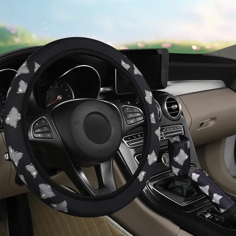3-piece butterfly steering wheel cover set that adds a stylish and elegant touch to your car interior. Includes matching covers for steering wheel, handbrake, and gear shift for a coordinated look. 🚗🦋✨