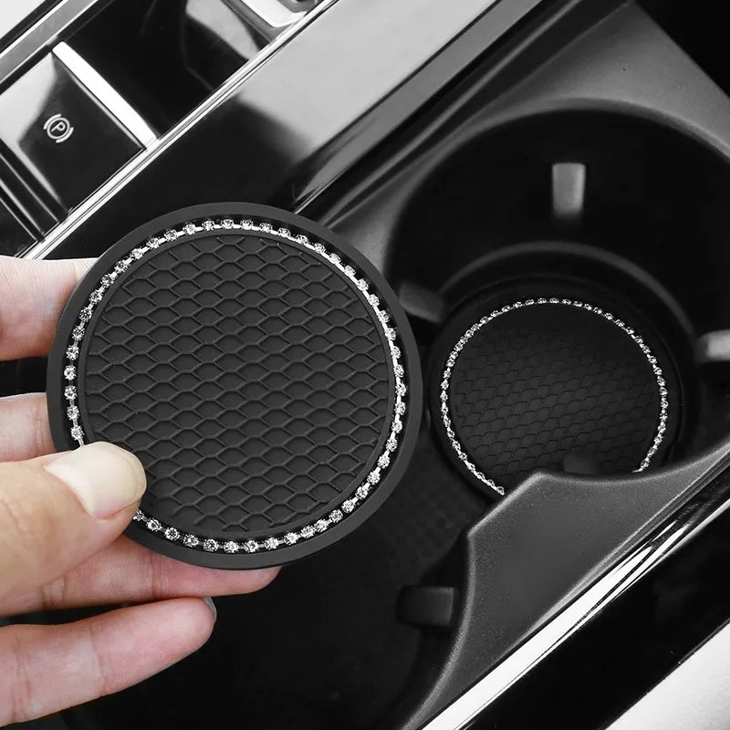 Bling Rhinestone Car Cup Holder Mats (2pcs) – Stylish Anti-Slip & Heat Resistant Interior Accessory