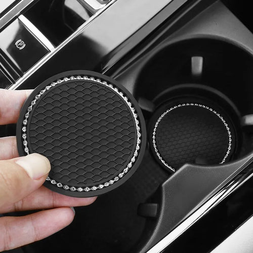Bling Rhinestone Car Cup Holder Mats (2pcs) – Stylish Anti-Slip & Heat Resistant Interior Accessory