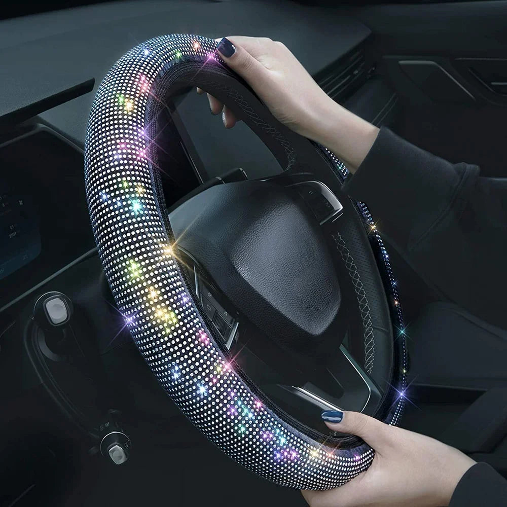 Universal 38cm Crystal Rhinestone Steering Wheel Cover – Breathable Anti-Slip Bling Design for Women