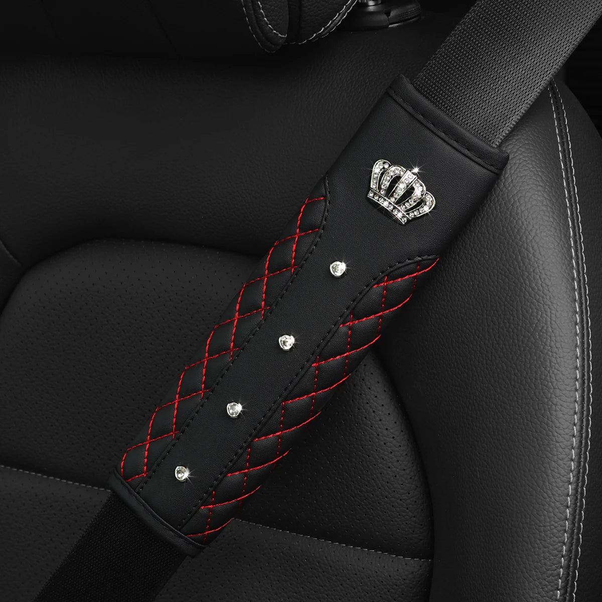 3D Diamond Crown Seat Belt Shoulder Guard – Luxury Leather Car Interior Accessory